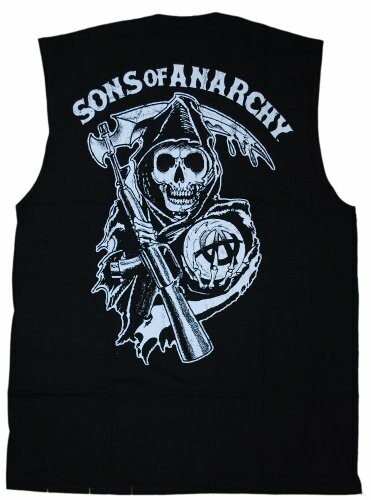 Black vest with Sons of Anarchy emblem featuring a reaper holding a gun and scythe.